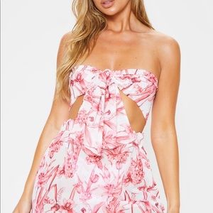 Pink Flower Print Chiffon Tie Bandeau Top
